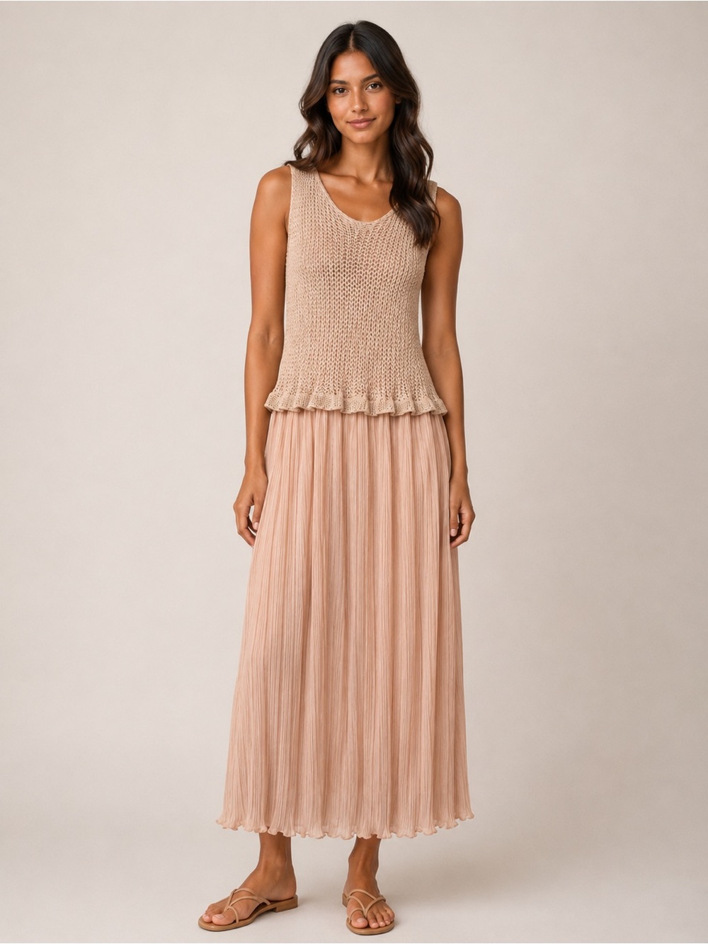 Forever 21 XL Beige Knit & Blush Pleated Maxi Dress